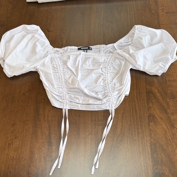 Missguided Tops - Missguided White Poplin Ruched Tie Puff Sleeve Crop Top